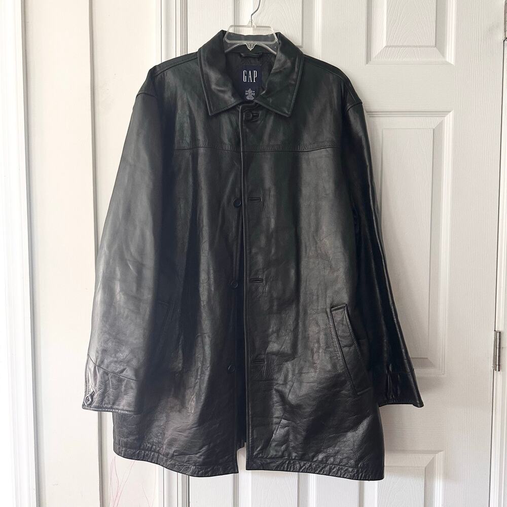 Gap Vintage Y2K 2000s Black Leather Car Coat Overcoat Button Up XL